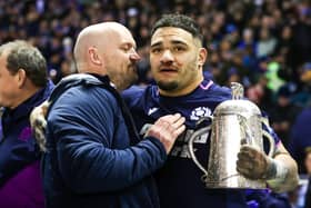 Scotland head coach Gregor Townsend and captain Sione Tuipulotu with the Calcutta Cup after the win over England at Murrayfield.