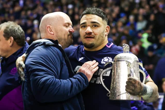 Scotland head coach Gregor Townsend and captain Sione Tuipulotu with the Calcutta Cup after the win over England at Murrayfield.