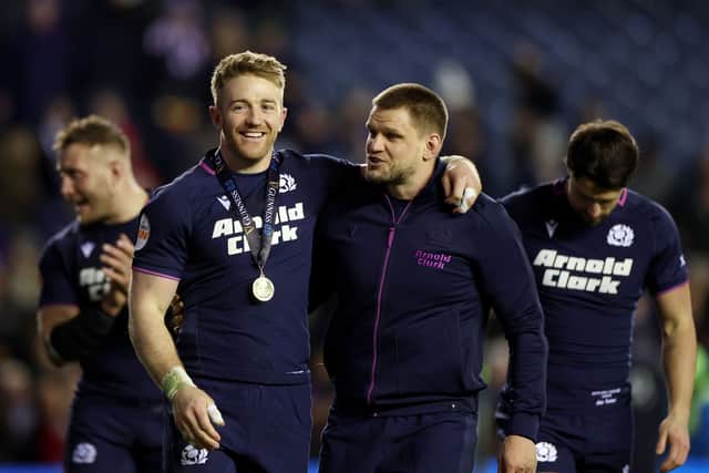 Player of the match Kyle Steyn, left, with George Turner.
