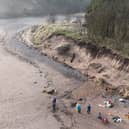 An aerial site of the site of the footprints at Lunan Bay beach in Angus