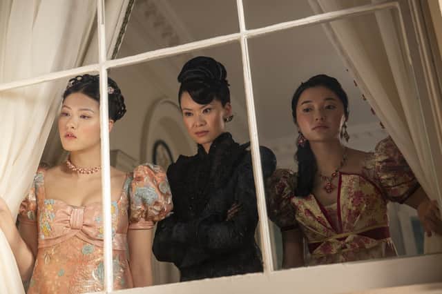Katie Leung as Lady Araminta Gun surveying the marriage mart, with her daughters Posy Li (Isabella Wei) and Rosmund Li (Michelle Mao).