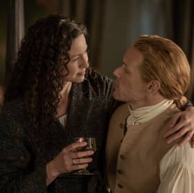 Caitriona Balfe as Claire Fraser and Sam Heughan as Jamie Fraser in Outlander.