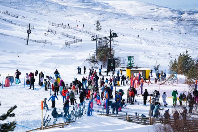 Skiers at Cairngorm Mountain ski area in February 2026