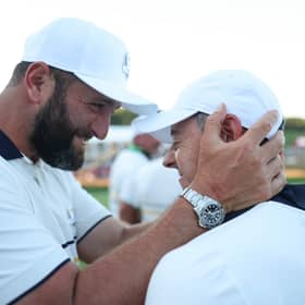 Jon Rahm celebrates with Rory McIlroy during Europe’s win in last year’s Ryder Cup at Bethpage State Park Golf Course in New York 