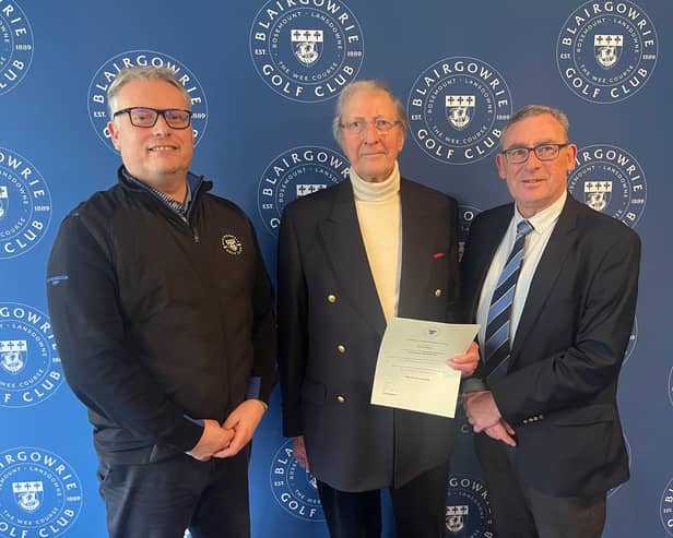 New Blairgowrie Honorary Member Bonar Watson is flanked by managing secretary Stuart Wilson, left, and club captain Alistair Batchen