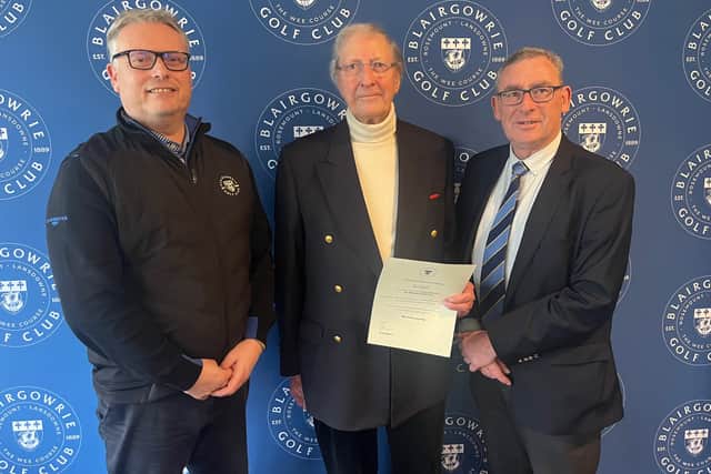 New Blairgowrie Honorary Member Bonar Watson is flanked by managing secretary Stuart Wilson, left, and club captain Alistair Batchen