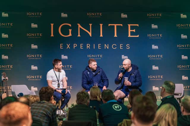 Finn Russell and Dave Cherry on stage in The Player's lounge after Scotland beat England at Murrayfield on 14 February 2026