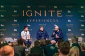 Finn Russell and Dave Cherry on stage in The Player's lounge after Scotland beat England at Murrayfield on 14 February 2026