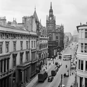 The former stock exchange building in the middle of the image on the left 
