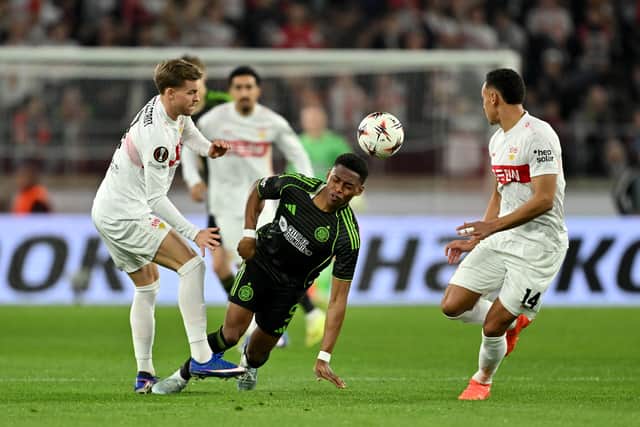 Maximilian Mittelstaedt of VfB Stuttgart challenges Junior Adamu of Celtic.