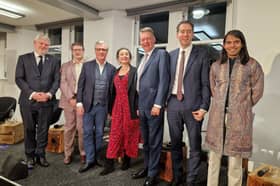Chair Halla Mohieddeen with representatives from the six political parties at the hustings in Edinburgh.