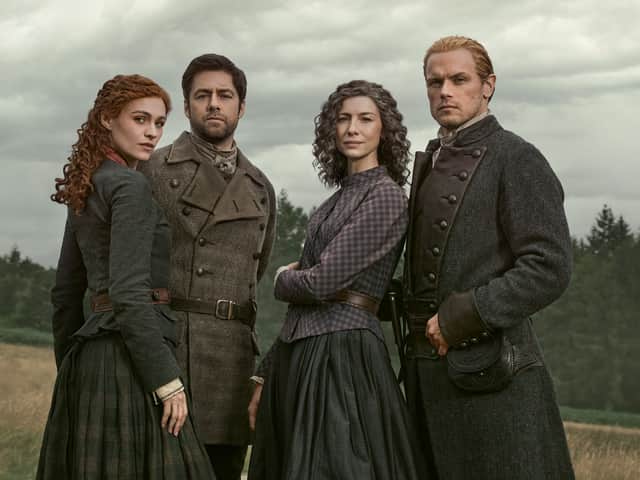 Caitríona Balfe and Sam Heughan as Claire and Jamie Fraser with Sophie Skelton as Briana Randall Fraser and Richard Rankin as Roger Wakefield MacKenzie in the new season of Outlander.