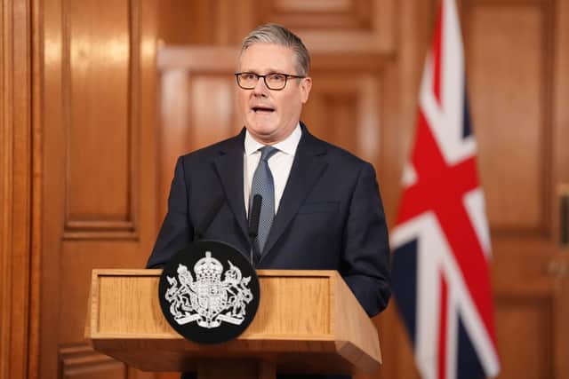 Prime Minister Sir Keir Starmer issues a statement at 10 Downing Street in central London,