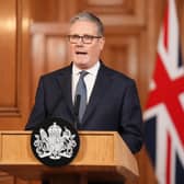 Prime Minister Sir Keir Starmer issues a statement at 10 Downing Street in central London,