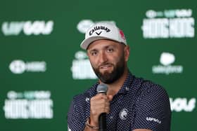Legion XIII captain Jon Rahm speaks to the media during a press conference ahead of LIV Golf Hong Kong at Hong Kong Golf Club 