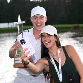 Calum Hill and his wife Miranda celebrate the Scot’s play-off win in the Joburg Open at Houghton Golf Club 12 months ago