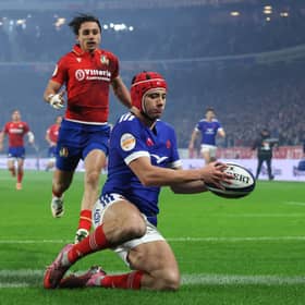 Louis Bielle-Biarrey of France scores his team's first try during the Guinness Six Nations win over Italy in Lille.
