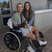 Andrea Pavan, pictured with his wife Audra, leaving hospital in South Africa