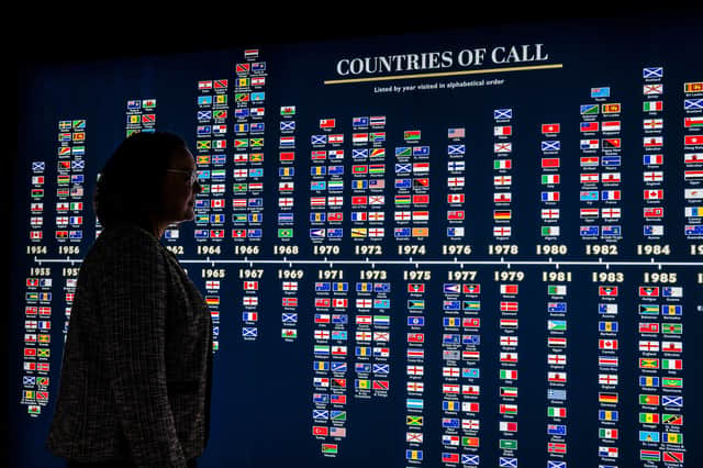 Flags on the yacht's timeline in the visitor centre showing which countries it visited each year