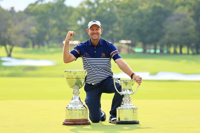 Simon Yates shows off the trophies after winning the Japan Senior PGA Championship last year