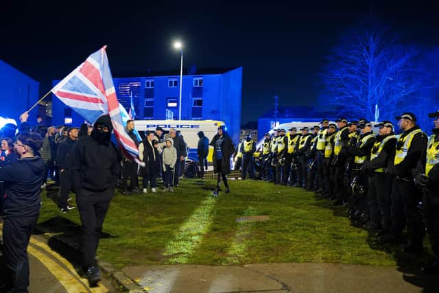 Anti-immigration protesters gathered in the Calder area of Edinburgh on Friday, March 6
