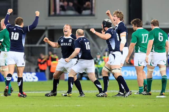 Scotland celebrate their win over Ireland at Croke Park in Dublin, on March 20, 2010. Scotland won 23-20.