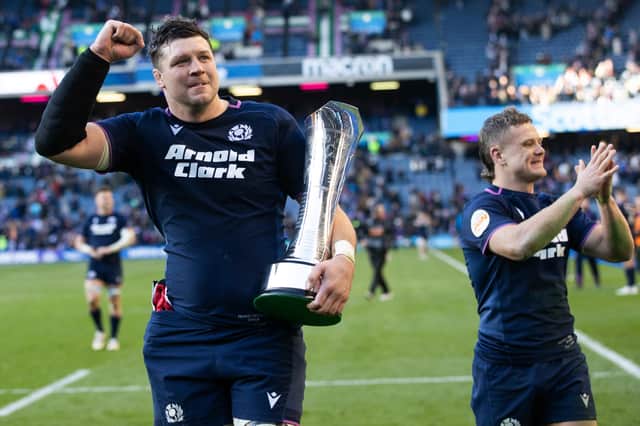 Scotland lock Grant Gilchrist with the Auld Alliance Trophy after the Six Nations win over France at Murrayfield last month. (Photo by Craig Williamson / SNS Group)