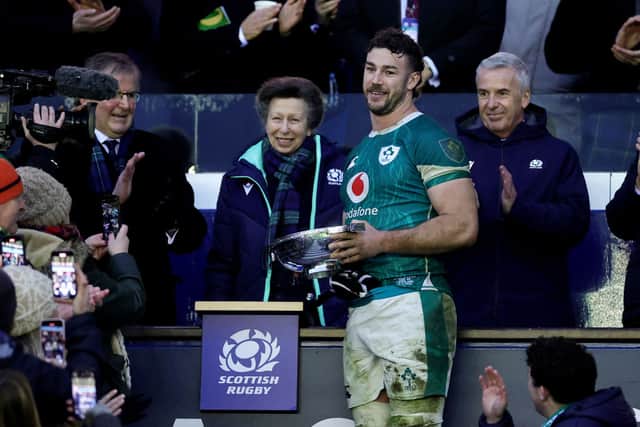 HRH Princess Anne, Patron of the Scottish Rugby Union, looks on after presenting Caelan Doris of Ireland with the Century Quaich Trophy, after Ireland defeat Scotland, during the Guinness Six Nations 2025.