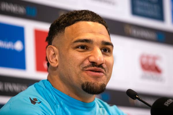Sione Tuipulotu speaks to the media during a Scotland press conference at the Aviva Stadium on the eve of the Six Nations match against Ireland in Dublin.