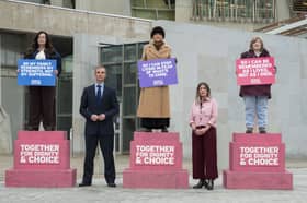 Ahead of the upcoming vote on the Assisted Dying for Terminally Ill Adults (Scotland) Bill, Lisa Flemming, Tish McEwan and Lorna Weir form living statues on plinths outside the Scottish Parliament, joined by Liam McArthur MSP and Ally Thomson, director of Dignity in Dying Scotland