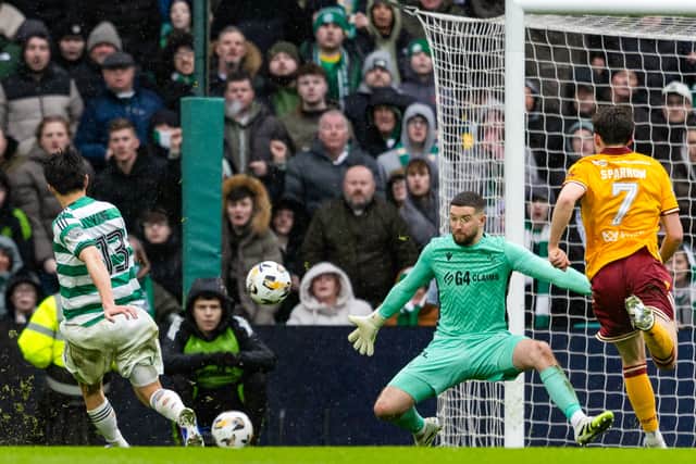 Celtic's Hyun-jun Yang scores his second of the game to make it 3-1 over Motherwell at Celtic Park. (Photo by Craig Foy / SNS Group)