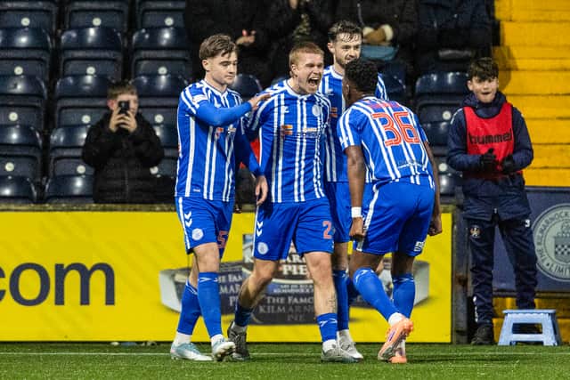 Kilmarnock's Michael Schjonning-Larsen celebrates after scoring to make it 1-0 over Hearts. (Photo by Mark Scates / SNS Group)