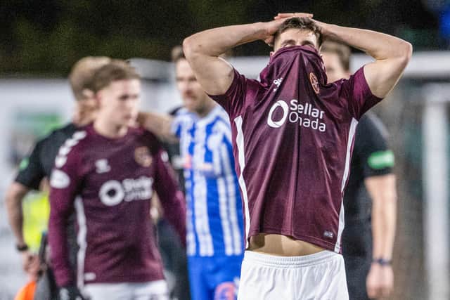 Hearts' Claudio Braga looks dejected at full time after the 1-0 defeat by Kilmarnock at Rugby Park. (Photo by Alan Harvey / SNS Group)