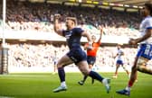 Scotland's Kyle Steyn celebrates scoring a first-half try against France during the Guinness Six Nations match at Scottish Gas Murrayfield.