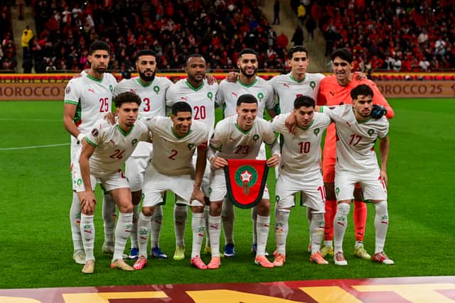 The Moroccan team pose for a group photo ahead of the African Cup of Nations final against Senegal at Prince Moulay Abdellah Stadium in Rabat on January 18, 2026. (Photo by Issam Zerrok / Hans Lucas / AFP via Getty Images)