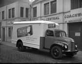 A van advertising Saltines biscuits outside Central Coachworks on Merchiston Avenue in November 1958.