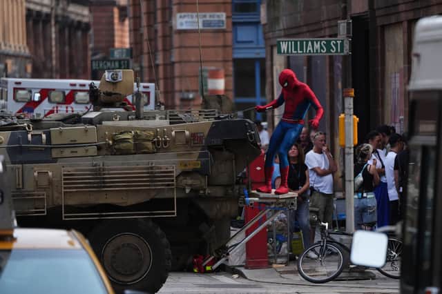 A stunt for Spider-Man: Brand New Day being filmed in Glasgow.