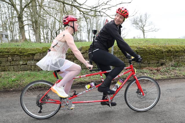 Greg James with Jamie Laing on the road during the penultimate day of the Radio 1 Longest Ride challenge for Comic Relief.