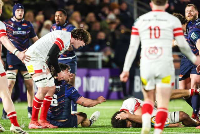 Edinburgh hooker Harri Morris leaves Ulster's Cormac Izuchukwu grounded during last week's match at Hive.