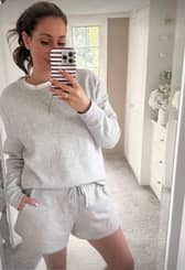 Stacey Solomon has paired an Amazon Essentials sweatshirt and with some matching Amazon Essentials shorts and said the outfit is the 'perfect' spring tracksuit.