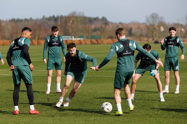 Hibs train ahead of their match against Motherwell at Fir Park.