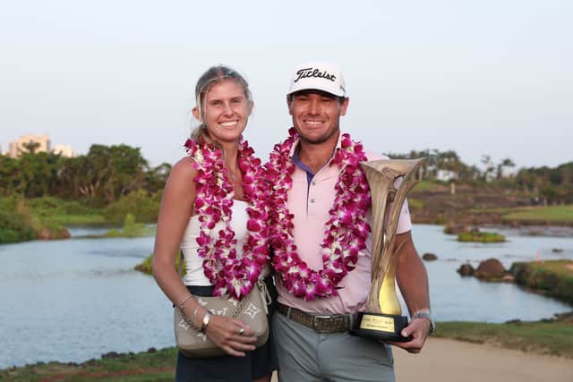 Jordan Gumberg celebrates winning the Hainan Classic with his wife Luka