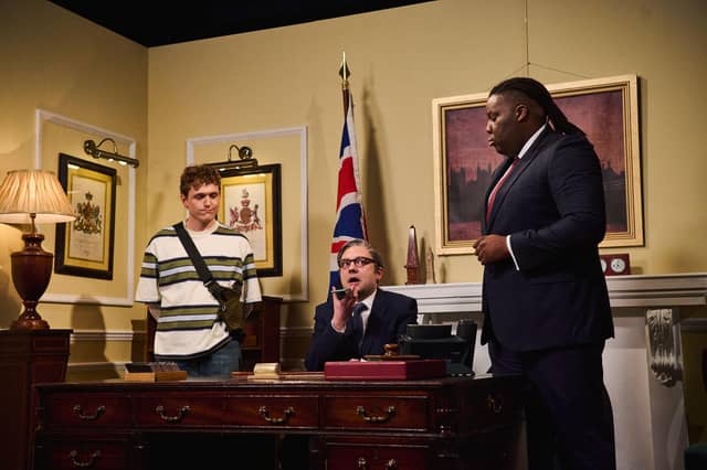 George Fouracres as Prime Minister Sir Keir Starmer and Hammed Animashaun as Deputy Prime Minister and Justice Secretary David Lammy during the first episode of Saturday Night Live UK