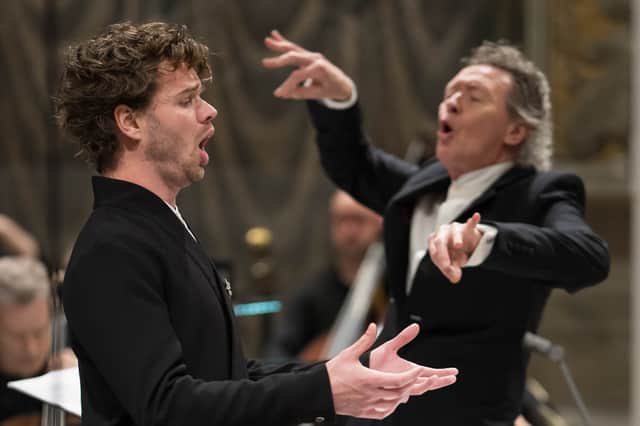 Soloist Matthew McKinney and Conductor Harry Christophers performing Angels Unawares by Sir James MacMillan in the Sistine Chapel