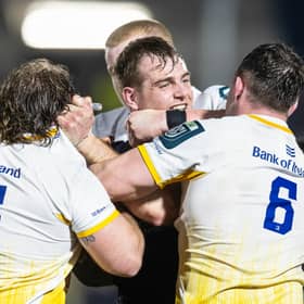 Tempers frayed during Glasgow Warriors' win over Leinster and Glasgow's Stafford McDowall is seen remonstrating with Leinster's John McKee, left, Jack Conan, right.
