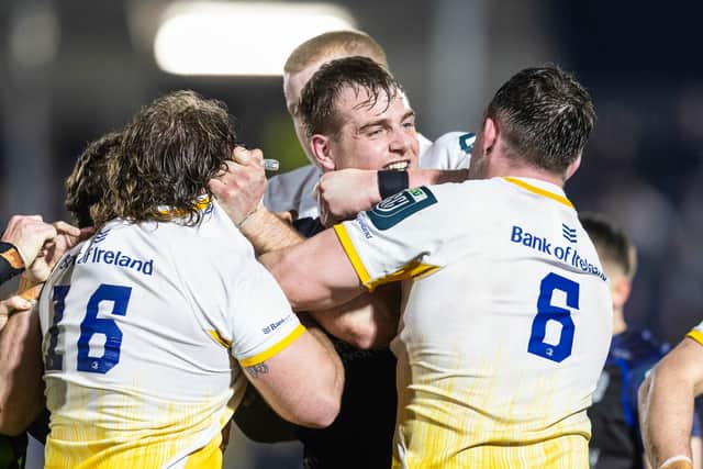 Tempers frayed during Glasgow Warriors' win over Leinster and Glasgow's Stafford McDowall is seen remonstrating with Leinster's John McKee, left, Jack Conan, right.