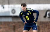 Barney Stewart during a Scotland Under-21's training session at the Barrowfield Training Centre, on March 24, 2026, in Glasgow, Scotland. (Photo by Craig Foy / SNS Group)