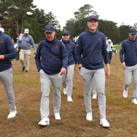 GB&I captain Dean Robertson pictured with Niall Shiels Donegan and Luke Poulter during a practice round for last year’s 50th Walker Cup at Cypress Point in California 