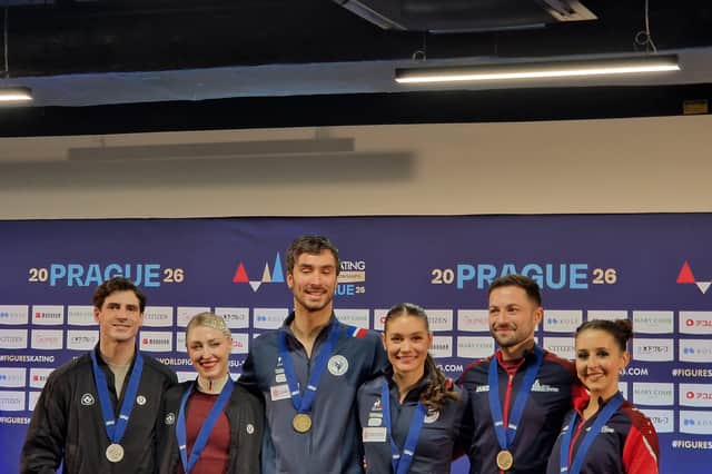 Lilah Fear and Lewis Gibson, right, with Paul Poirier and Piper Gillies and Guillaume Cizeron and Laurence Fournier Beaudry.