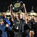 Glasgow Warriors' Fergus Watson lifts the Scottish-Italian Shield after the win over Benetton at Scotstoun.
